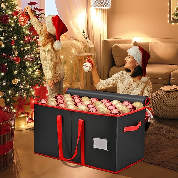 Mrrihand Christmas Ornament Storage Box, Ornament Storage Container with 8 Trays-Xmas Decoration Organizer Keeps 128 Holiday Ornaments 3-Inch, Dual Zipper Closure, 600D Tear-Proof（Black）