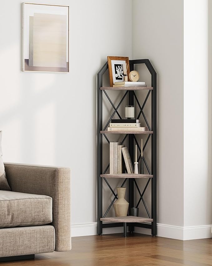 4-Tier Corner Shelf, Industrial Corner Bookshelf, 47.6" Corner Storage Stand, Plant Stand Display Shelf, Corner Bookcase for Bedroom, Living Room, Home Office, Greige and Black TCJ09BG