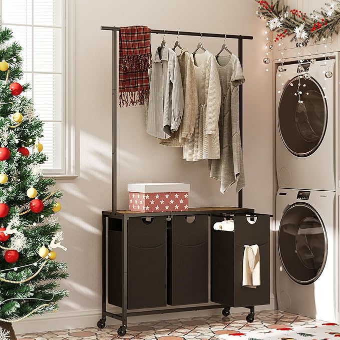 Laundry Sorter 3 Section, Rolling Laundry Hamper with Hanging Rack, Laundry Sorter with Wheels, Hampers for Laundry, Laundry Basket Organizer for Laundry Room, Rustic Brown LS37BR