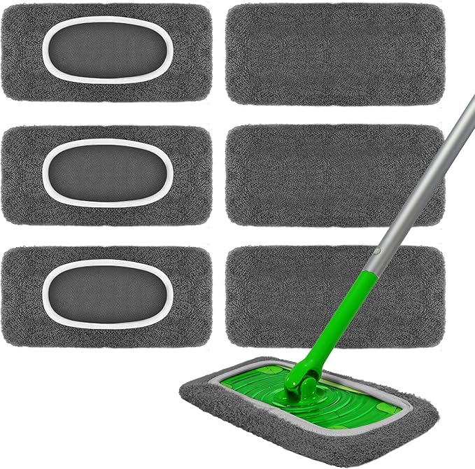 6 Pack Reusable Microfiber Mop Pads - Compatible with Swiffer Sweeper Mop, Washable Dry & Wet Sweeping Cloths Refills for Hardwood Laminate Tile Floor Cleaning