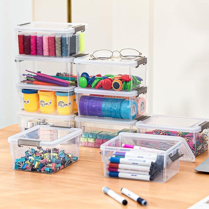 Citylife 8 Packs Small Storage Bins 1.3 QT Plastic Storage Container Stackable Box with Lids for Organizing, Clear White