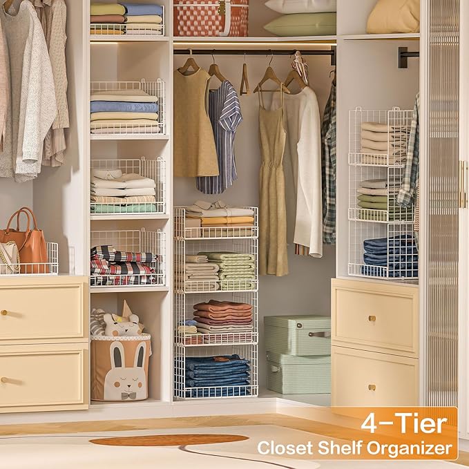 4 Tier Stackable Closet Organizers and Storage Shelves, Foldable Closet Shelf Organizer System, Stackable Storage Bins Drawers for Clothes Organizer System, White(Patent Pending)