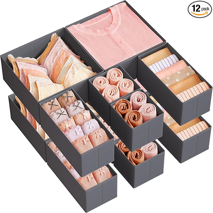 SONGMICS Drawer Organizer, Dresser Drawer Organizers, Set of 12, Foldable Fabric Storage Bins for Socks, Underwear, Bras, Ties, Scarves, Slate Gray URDZ006G03
