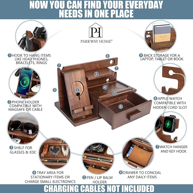 Parkway Home Wood Phone Docking Station with Drawer, Compatible with Apple Watch - Wood Charging Station Organizer Stand, Bedside Nightstand Organizer for Men, Holds Phone, Tablet, Keys, Glasses, EDC