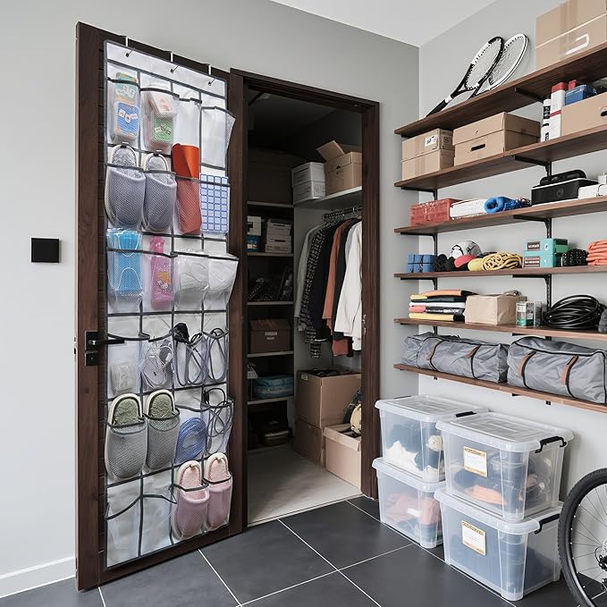 TidyMaster Over the Door Shoe Organizer, 24 Large Breathable Mesh Pockets, Space Saving Hanging Storage Holder, Hangs on Closets for Shoes, Accessories, 3Hooks, GREY (66"x 19")