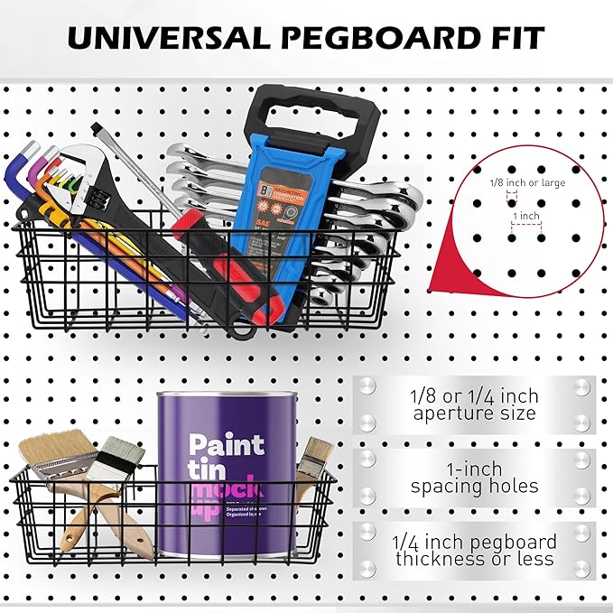 5-Piece Pegboard Baskets Set - Heavy Duty Peg Board Organizer Accessories Bin Set, Premium Black Metal Wire Baskets Tool Shelves, Wall Mount Storage for Garage Workshop Craft Room