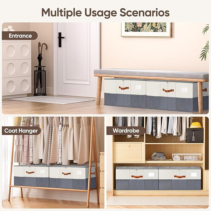 Shoe Organizer for Closet, 1 Pack Shoe Storage Container with Adjustable Dividers, Space Saving Shoe Box Storage Organizer Bin with Clear Lid and 4 Handles, Fits 12-24 Pairs, Beige & Grey