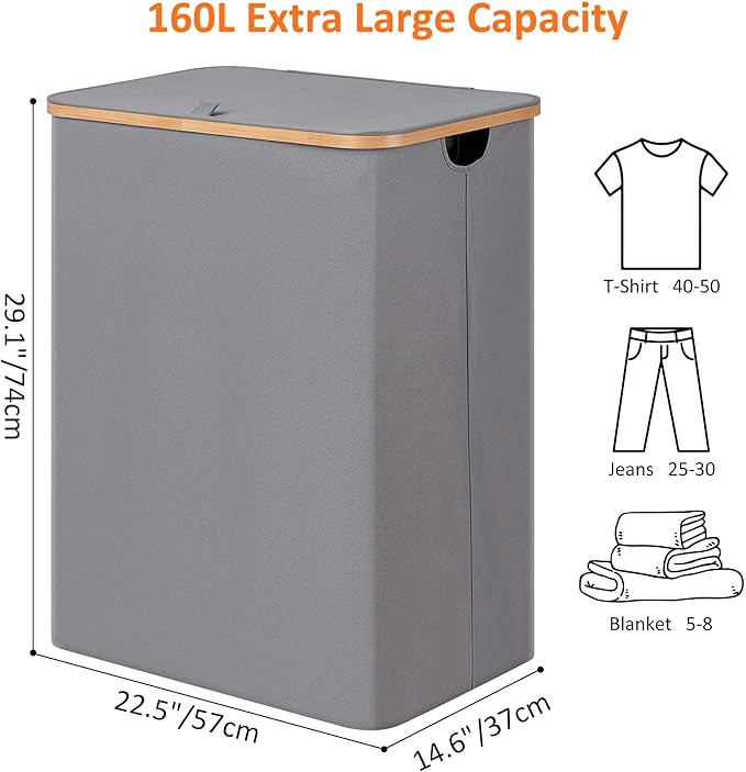 efluky Laundry Hamper with Lid, Trio Laundry Hamper with 3 Removable Bags, 3 Section Laundry Basket with Bamboo Handles for Bathroom, Bedroom & Laundry Room, 160L Silver Grey