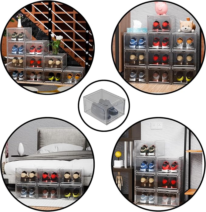 YIIHAA 12 Pack X Large Shoe Storage Box, hicken Sturdy Hard Plastic Clear Stackable Sneaker Shoe Rack for Size 12, Easy Assembly Storage Organizer, Holder Sneaker Container (Transparent, 6)