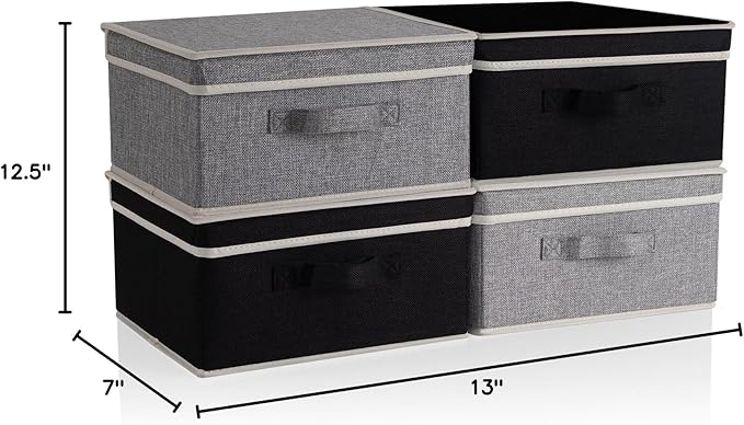 Storage Bins with Lid, Foldable Clothing Storage Box case with Handle for Closet, Bedroom, Home, Gray+Black, 13L x 12.5W x 7H inch