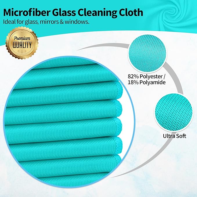 HOMERHYME Microfiber Cleaning Cloth, 12 Pack Window Glasses Cleaning Cloth, Reusable Lint-Free Streak Free Polishing Cloth Wipes for Stainless Steel, Eyeglass, Mirror, Screen & Lense, Turquoise