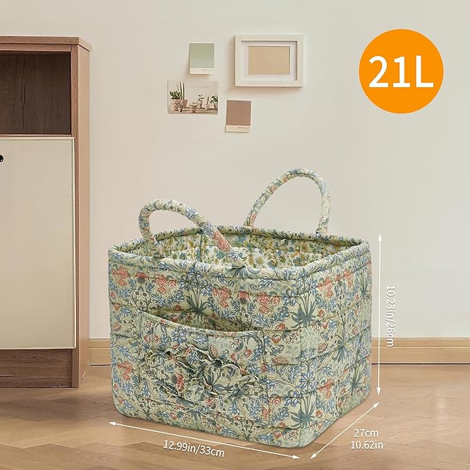 Quilted Fabric Storage Baskets with Handles, Boho Floral Gift Basket Foldable Organizer Bin for Home Decor, Picnic, Travel 12''x10''x10'' (Light Green)