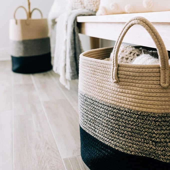 OrganiHaus Large Woven Storage Basket for Blankets and Toys 20" x 13" Inch, Rope Laundry Basket with Handles, Cushions & Pillows Storage Bin, Nursery Hamper, Soft Round Dog Toy Bin - Brown/Black
