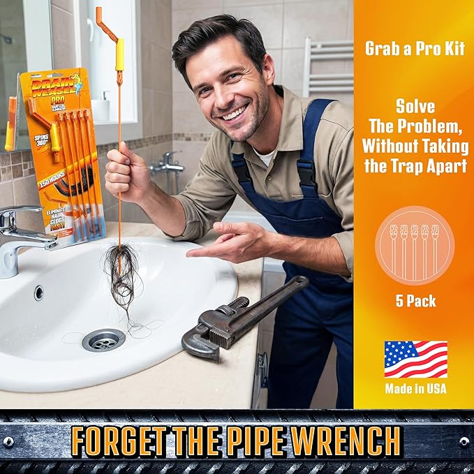FlexiSnake Pro Drain Weasel Sink Snake Cleaner with New Molded Tip - 18″ - Drain Snake Clog Remover Tool with Rotating Handle & 5 Wand Refills - Easy to Use on Drains & Grates - Made in USA - 5-Pack