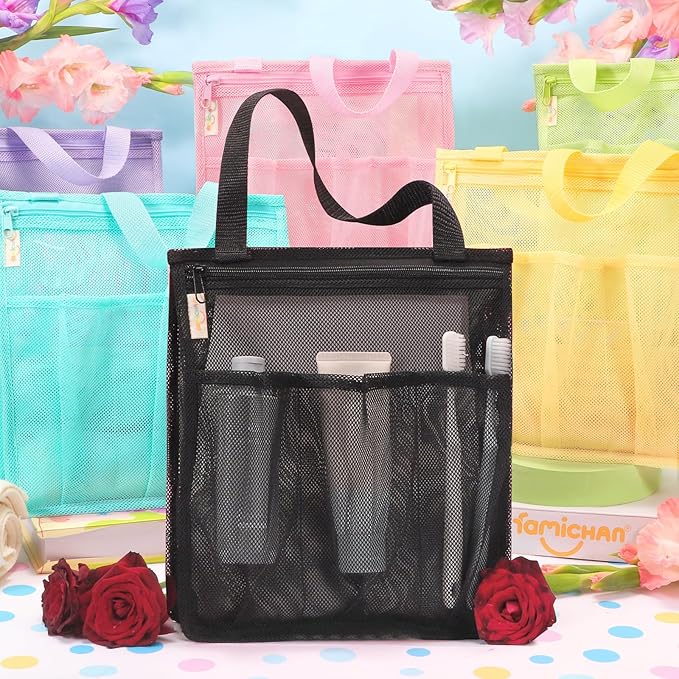 famichan Portable Mesh Shower Caddy, Gym Travel Camp Dorm Room Essentials for College Student Boy Girl, Bathroom Shower Bag - Black