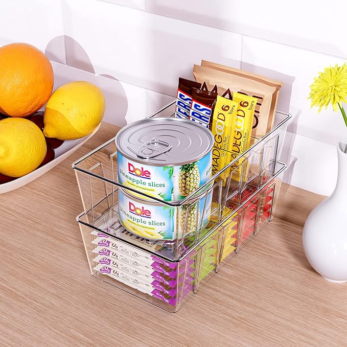 Puricon 4 Pack Pantry Organization and Storage Bins for Kitchen Fridge Countertop Cabinet, Stackable Clear Plastic Storage Racks with Removable Dividers, 5 Compartments for Snacks Packets Spices