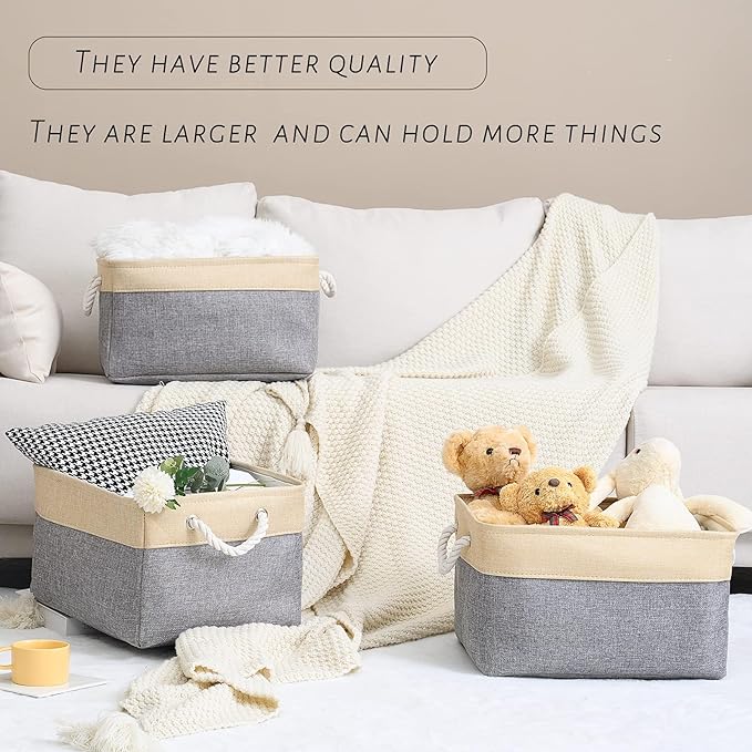 Sacyic Organization and Storage Basket for Organizing - Large 4 Pack 16x12x8 inch Collapsible Baskets for Shelves Fabric Storage Cube, Storage Bins for Laundry Cloth Books Gift (Gold & Grey)