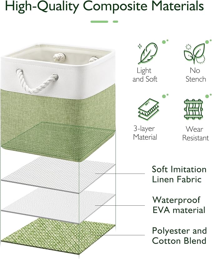 11 Inch Cube Storage Bins, 4 Pack Fabric Storage Cubes with Rope Handles, Organizer Baskets for Closet Shelves, Clothes and Home Organization(White/Green)