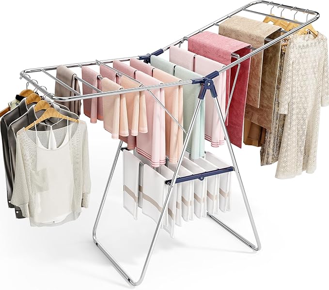 APEXCHASER Clothes Drying Rack, Stainless Steel Drying Rack Clothing with Height-Adjustable, Foldable Gullwings Laundry Drying Rack, Indoor Outdoor Use, No Assembly