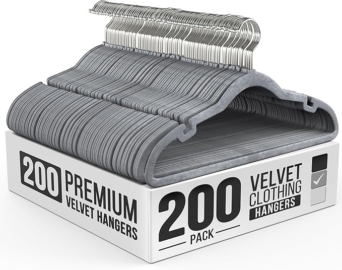 200 Pack Velvet Hanger for Shirt Pants Dresses Skirts Suits Jackets - Slim Space Saving Design - Standard Coat Hanger - Sturdy & Durable Design with Shoulder Grooves Hook