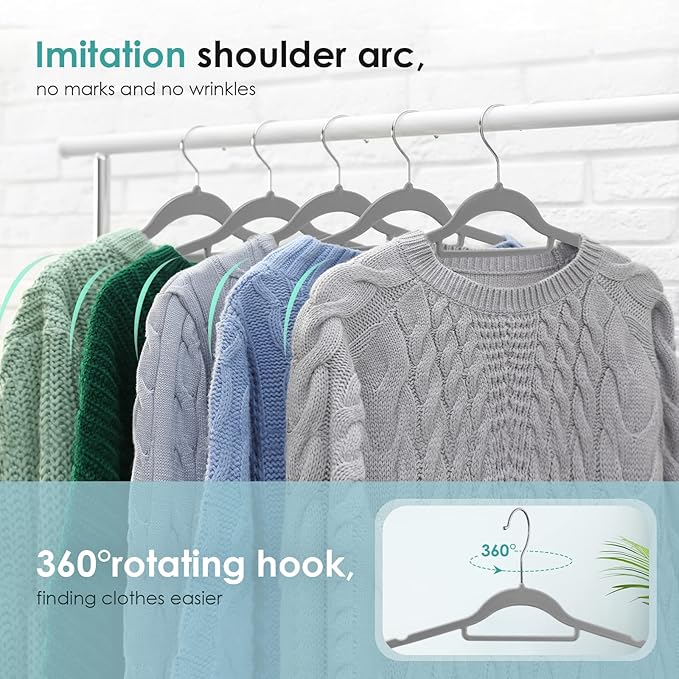 Velvet Hangers Non Slip Felt Hangers, 50 Pack Grey Velvet Clothes Hangers Space Saving Slim with 360 Degree Swivel Hook for Suits Coats, Jackets, Pants, and Dress Clothes