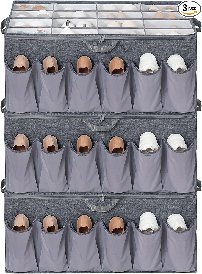 Extra Large Fabric Shoe Organizer for Closet, Fits up to 28 Pairs, Foldable Shoe Storage Bin Containers with Adjustable Dividers and Clear Cover, Grey, 3 Pack