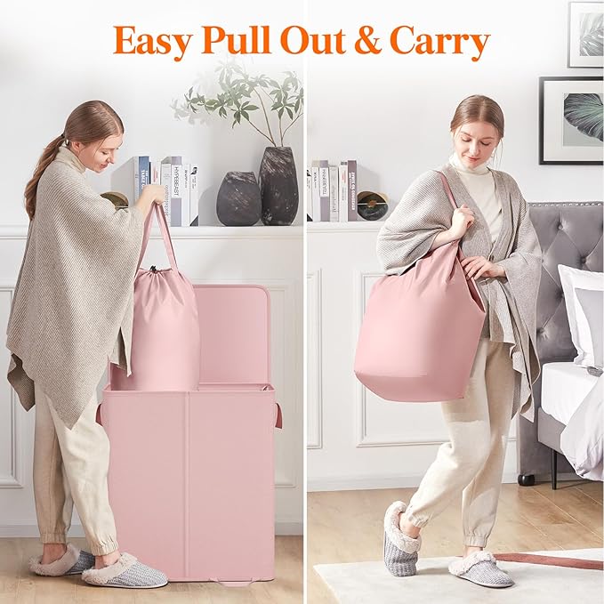 Lifewit Double Laundry Hamper with Lid and Removable Laundry Bags, Large Collapsible 2 Dividers Dirty Clothes Basket with Handles for Bedroom Laundry Room Closet Bathroom College, 155L Pink