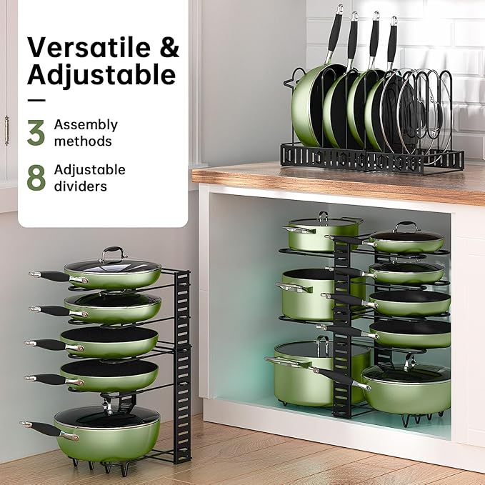 MUDEELA Pots and Pans Organizer Rack for under Cabinet, 8-Tiers Adjustable Pot Rack with 3 DIY Methods, Expandable 11.65'' to 19" Pot Lid Organizer for Kitchen Pantry Cabinet Organization and Storage