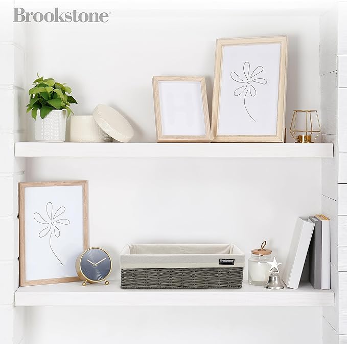 Brookstone Wicker Storage Basket Two Pack Set, Bathroom and Closet Organizers and Storage Bins with Fabric Liner, Grey