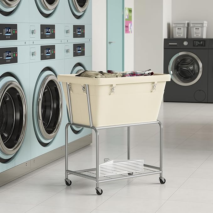 ELYKEN Laundry Cart with Wheels, Rolling Laundry Hamper with Removable Bag and Shelf, Metal Frame Laundry Basket with 4 Casters and 2 Brakes, Ideal for Bedroom, Bathroom, Laundry Room, Cream