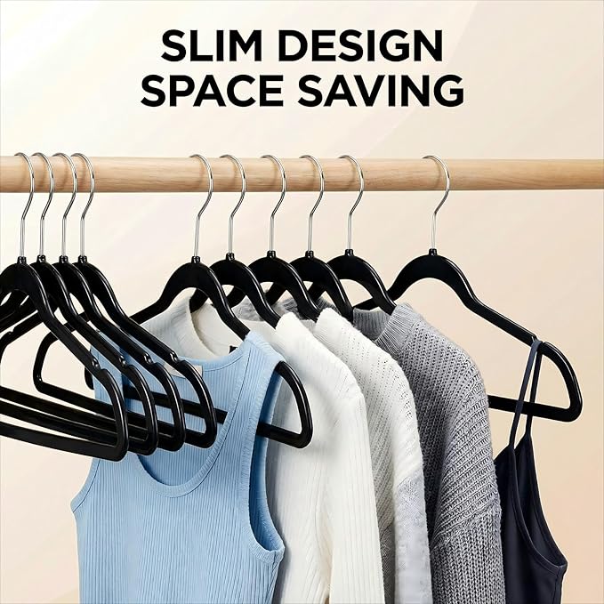 HOUSE DAY Black Plastic Hangers 50 Pack - Heavy Duty Non-Velvet Hangers with 360° Swivel Chrome Hook & Non Slip Notches - Slim Space Saving Clothes Hangers Ideal for Coats Shirts Jackets Dresses