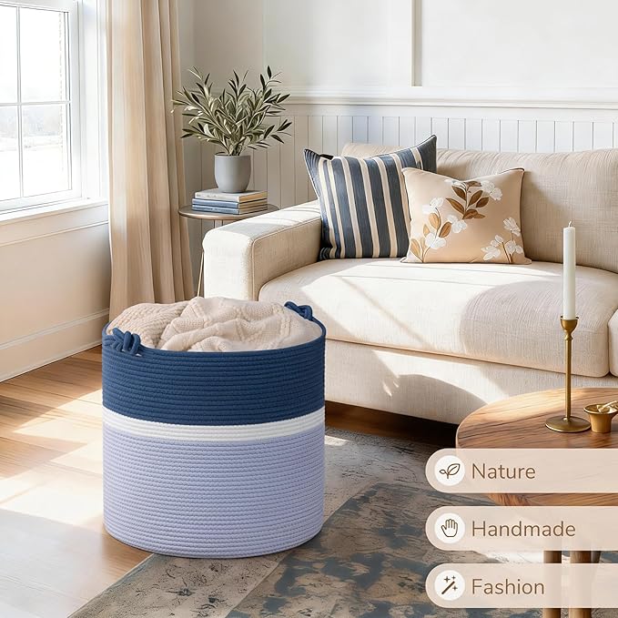 Goodpick 17"x16" Toy Storage for Kids, Home Décor Living Room, Baby Boy Gifts Basket for Nursery Playroom, Soft Woven Cotton Rope Basket for Blankets Pillows Clothes, Blue