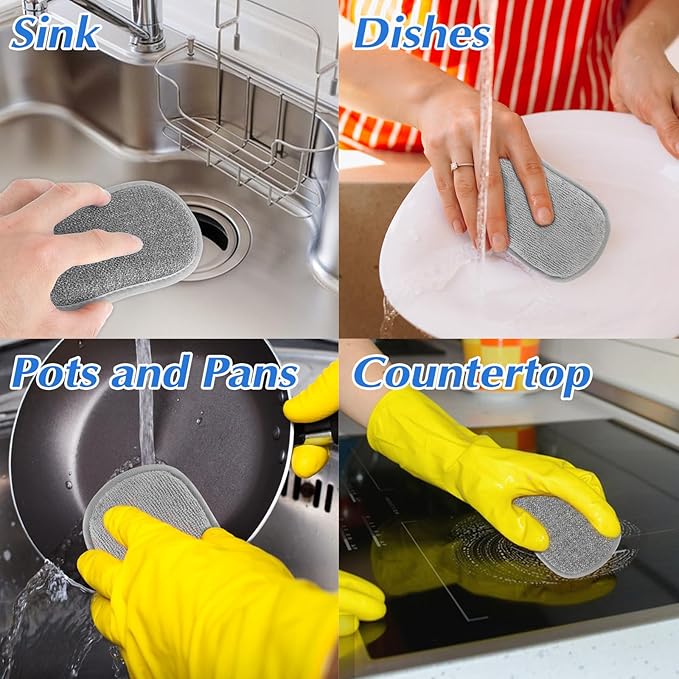 6 Pack Multipurpose Dish Scrubber Sponges, Non Scratch Sponge Microfiber Side for Dish Rough Side for Non Stick Cookware Reusable Sponge Scrub Sponge Dishcloth for Sink Pan Pot Countertop(Grey)