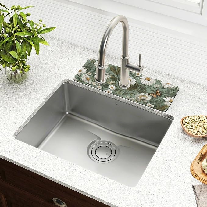 Kitchen Sink Splash Guard 2 PCS 14.7 Inch Sink Faucet Mat Splash Guard for Bathroom Countertop Water Absorbent Foldable Cuttable Soft Washable Summer Daisy Butterfly Green