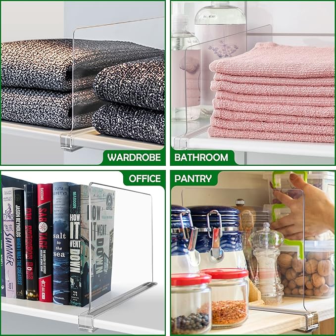 Consevisen Shelf Dividers for Closet Organization and Storage, 12 Pack Acrylic Clear Closet Shelf Dividers for Wood Shelves, Vertical Sweater Handbag Purse Organizer for Bedroom Kitchen Office