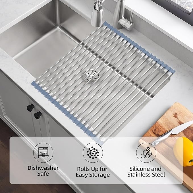 NEZUIBAN Drying Rack with Roll Up and Over Sink for Kitchen,17.5"x15.7",Gray