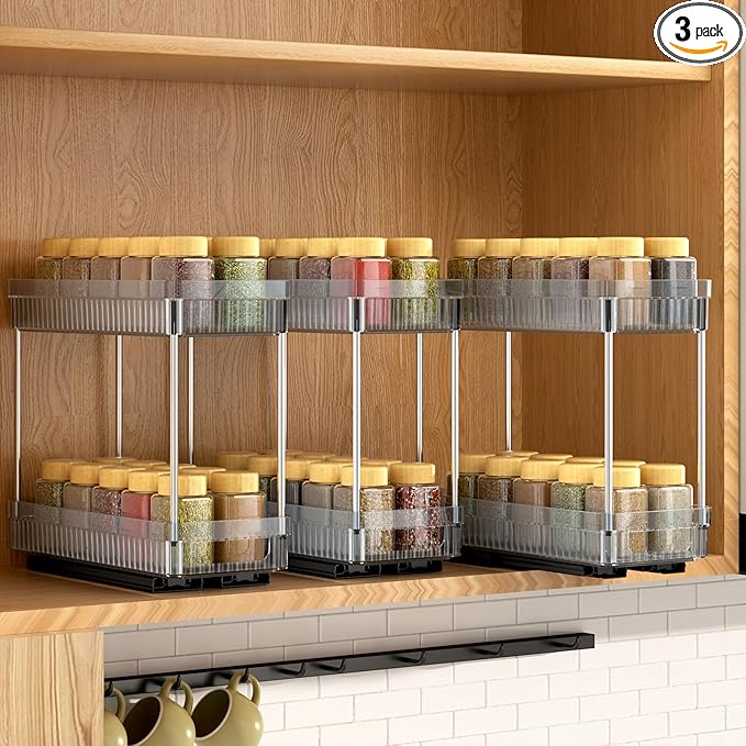 3 Pack Pull Out Spice Rack Organizer for Cabinet, 2 Tier Slide Out Spice Racks Organizer, Spice Cabinet Organizers, Cabinet Size Need:12'' High x 11'' Deep x 5'' Wide, Clear Acrylic