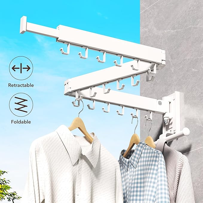 ZdwCyl Clothes Drying Rack,Laundry Drying Rack Wall Mount, Wall Mounted Clothes Rack,Retractable,Collapsible(Tri-Fold),Drying Rack Clothing,can Fold Upward & Left & Right,Space Saver, White Color