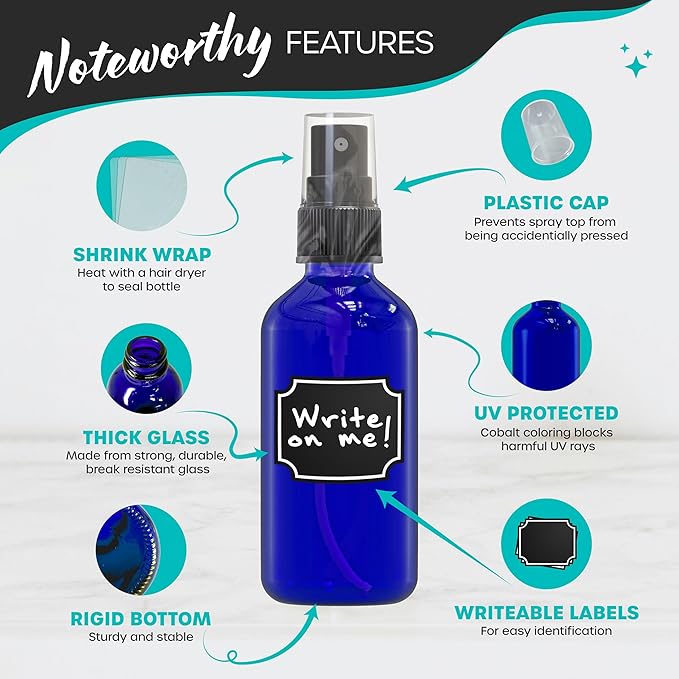Nevlers Cobalt Blue Small Spray Bottle 2 Oz 24 Pack | Fine Mist Sprayer Set w/Shrink Wrap, Funnel, Brush, Marker & Labels | Fine Mister Spray Bottle for Perfume, Oil & More | Travel Spritzer Bottles