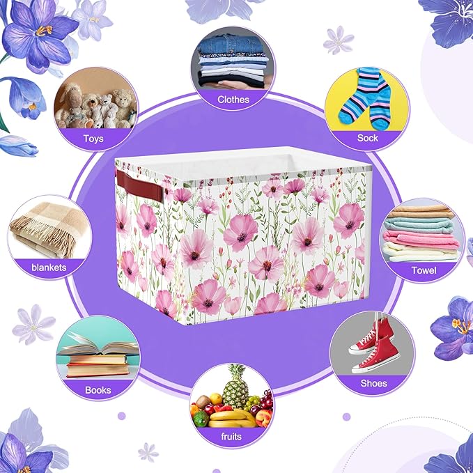 Boao 3 Pack Flowers Storage Basket with Handles, Herbs Floral Collapsible Large Canvas Storage Bins, Foldable Laundry Basket Organizer for Gifts, Toys, Clothing, Bedroom, Closet, Living Room, Nursery