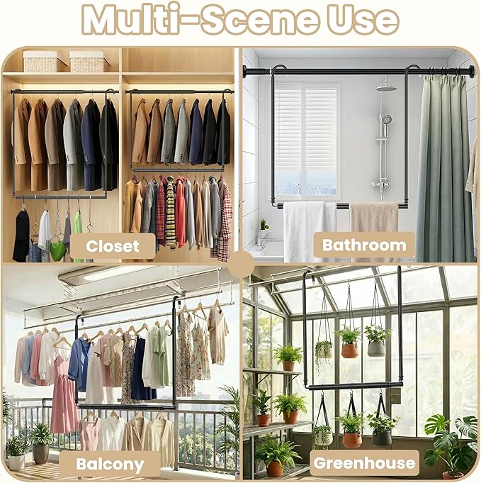 Stepless Extender Closet Hanging Rod - Heavy Duty Closet Rods for Hanging Clothes, Adjustable Width & Height, Space-Saving Matte Black Closet Organizer for Hanging & Drying, Easy to Install