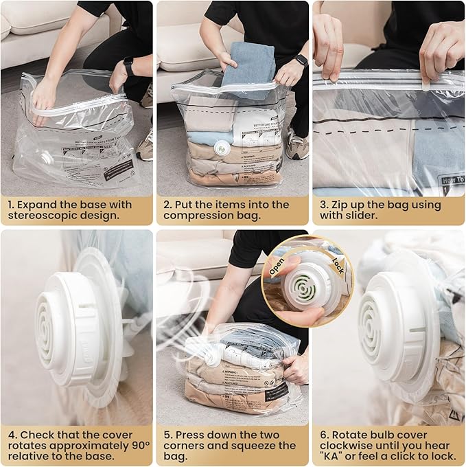 TAILI 6 Pack Cube Vacuum Storage Bags, Medium Size (25x19x11 inch), Vacuum Seal Bags for Clothing, Travel Compression Packing for Clothes, Blankets, Baby Clothes, Travel Essential