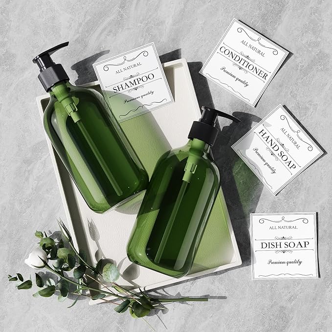 Green Soap Dispenser, Dish & Hand Soap Dispenser Set for Bathroom & Kitchen, Refillable Pump Bottle Dispenser, Plastic Empty Soap and Lotion Dispenser for Liquid, 2 Pcs