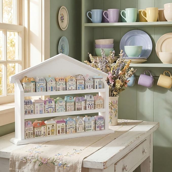 Chunful Vintage Spice Village Wooden Rack 22 x 16 Inches 3 Tier White Display Rack for Wall Mounting Kitchen Storage Spice Village Display Shelf for 24 Jars, Shelf Only