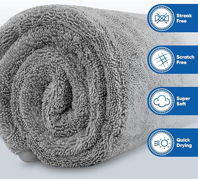 HOMEXCEL Professional Car Drying Towel (36"x 24") with Twisted-Loop Technology, 1200GSM for a Streak-Free Finish – Microfiber Towels for Cars, Trucks, SUVs, RVs and Motorcycles, Grey