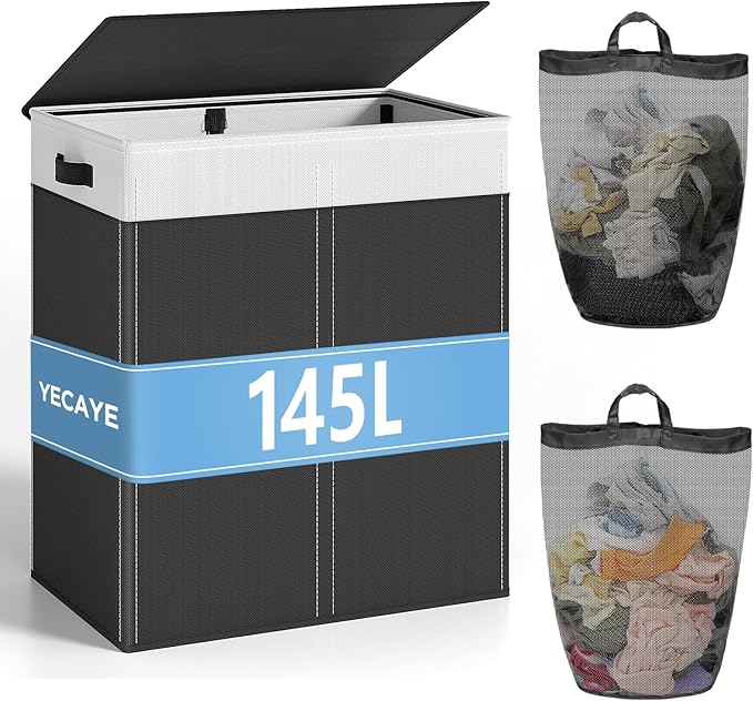 YECAYE 145L Double Laundry Hamper with Lid for Home, Dual Compartments hamper with Removable Bags, 2 Section Foldable Cloths Basket with lid, Double Cloths Basket with Color-Block Design