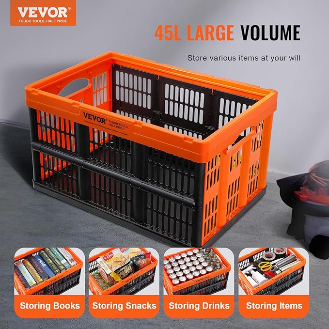 VEVOR Plastic Collapsible Storage Basket, 45L 3 Packs, Folding Stackable Storage Containers/Bins with Handles, Large Heavy Duty Containers for Clothes, Toys, Books, Snack, Shoes and Grocery Organizing