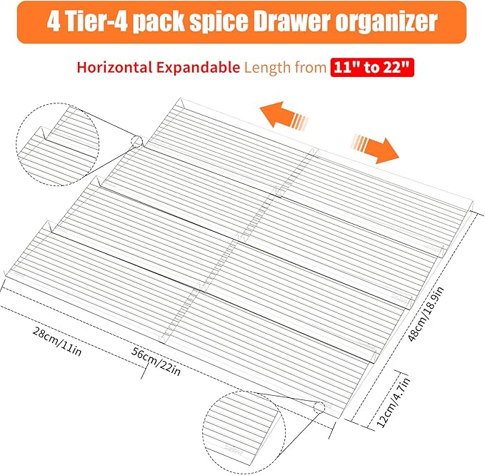 8 Pcs Spice Drawer Organizer Clear Acrylic Drawer Spice Organizer Expandable From 11'' To 22'' Clear Acrylic Drawers Seasoning Organizers for Kitchen Drawers Storage Seasonings Containers