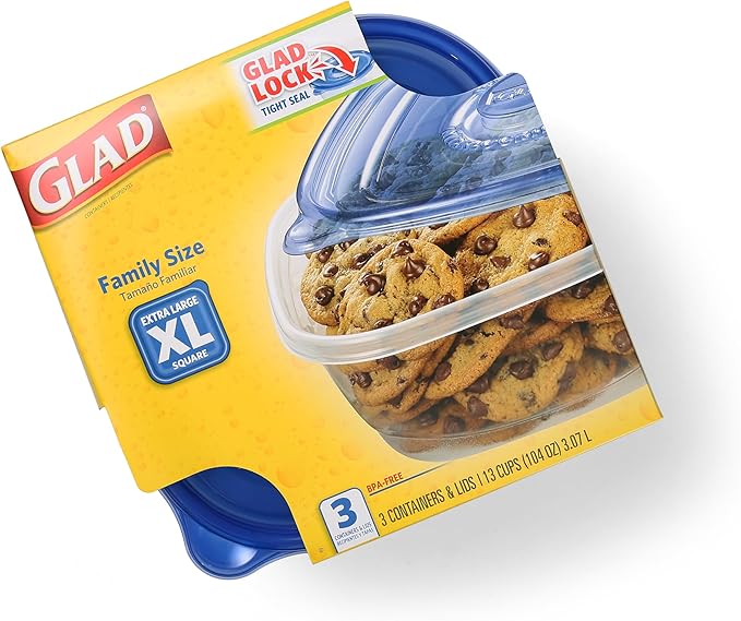 Glad GladWare XL Square Food Storage Containers, Family Size Meal Container with Lock Tight Seal for Leftovers and Meal Prep, Reusable and Dishwasher Safe, 104 Oz, 3 Count