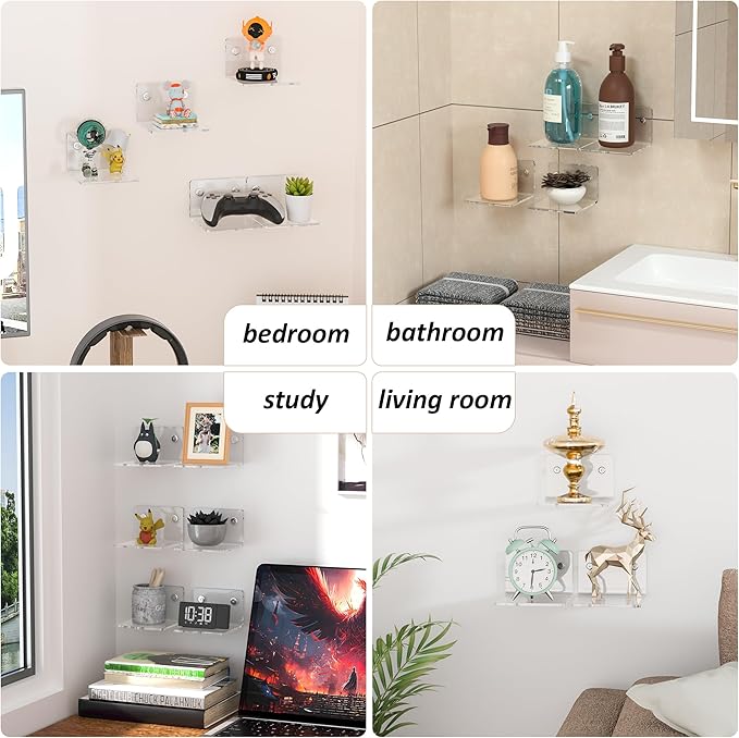 4 Inches Clear Small Wall Shelves, 4mm Thickness Acrylic Small Floating Shelf for Figures, Plants, Security Cameras, Speakers, Moisture-Proof, 2 Pack
